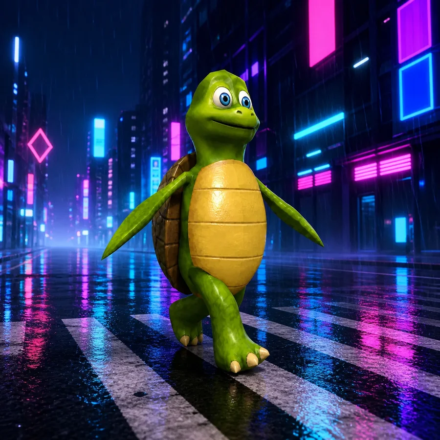 turtl on a neon city crossing in the rain