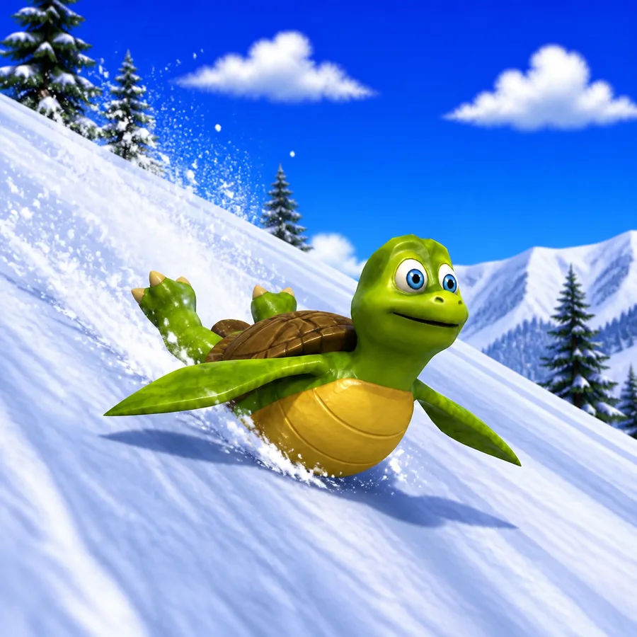 turtl sliding down a snowy slope
